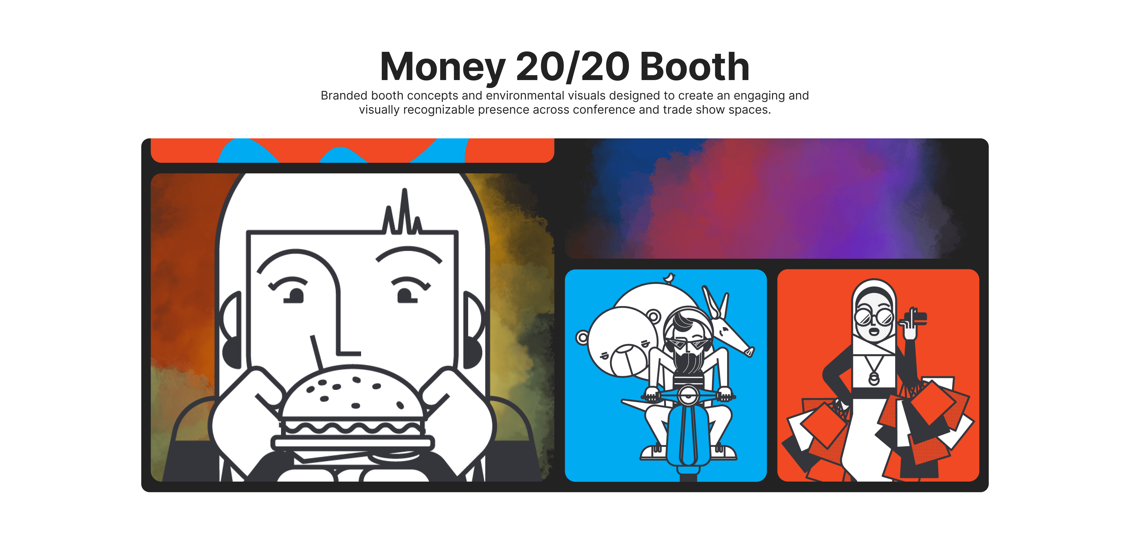 Branded booth concepts and environmental visuals designed to create an engaging and visually recognizable presence across conference and trade show spaces.