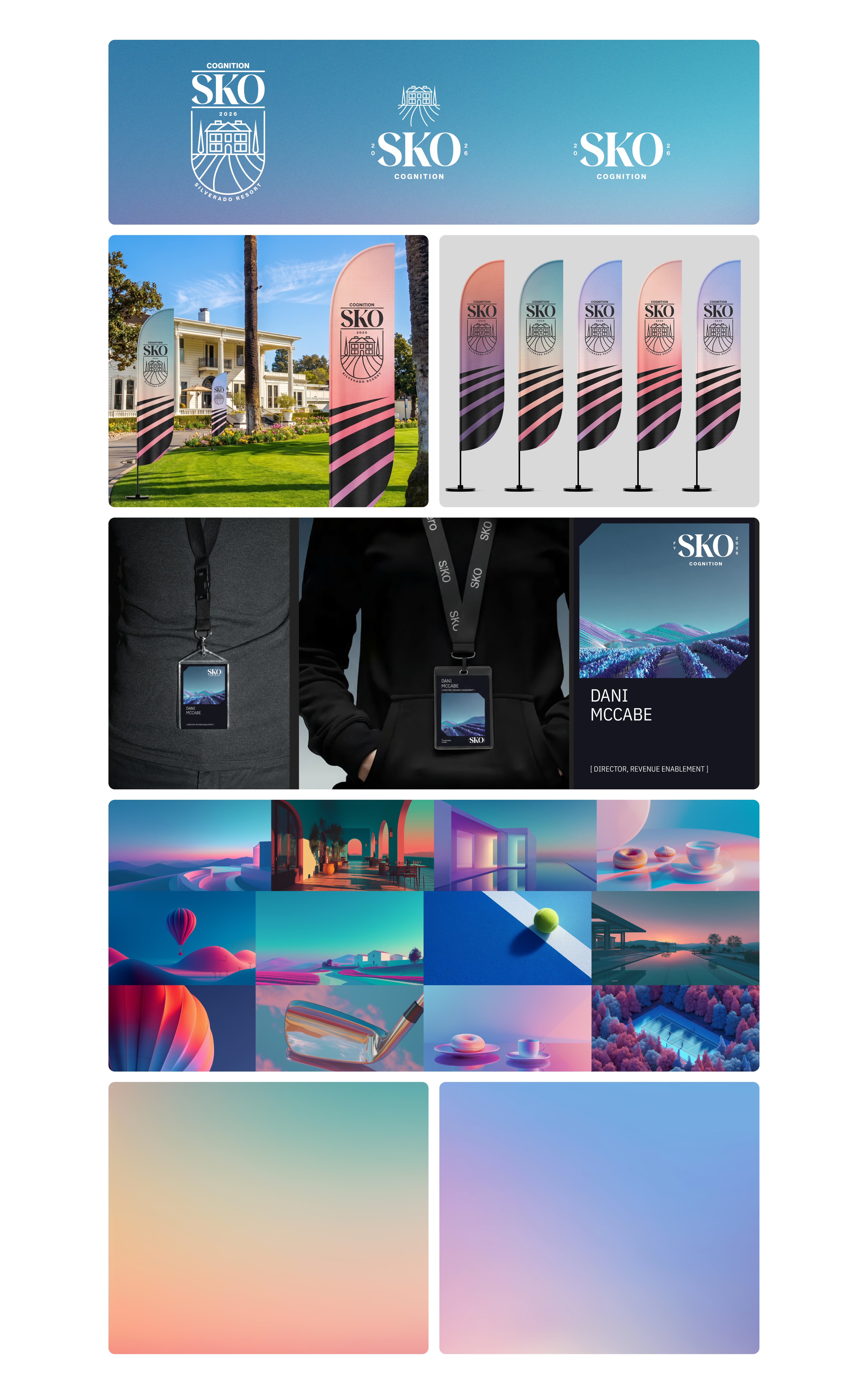 Large-scale visual assets designed for physical spaces including signage, flags, badges, and branded wayfinding materials.