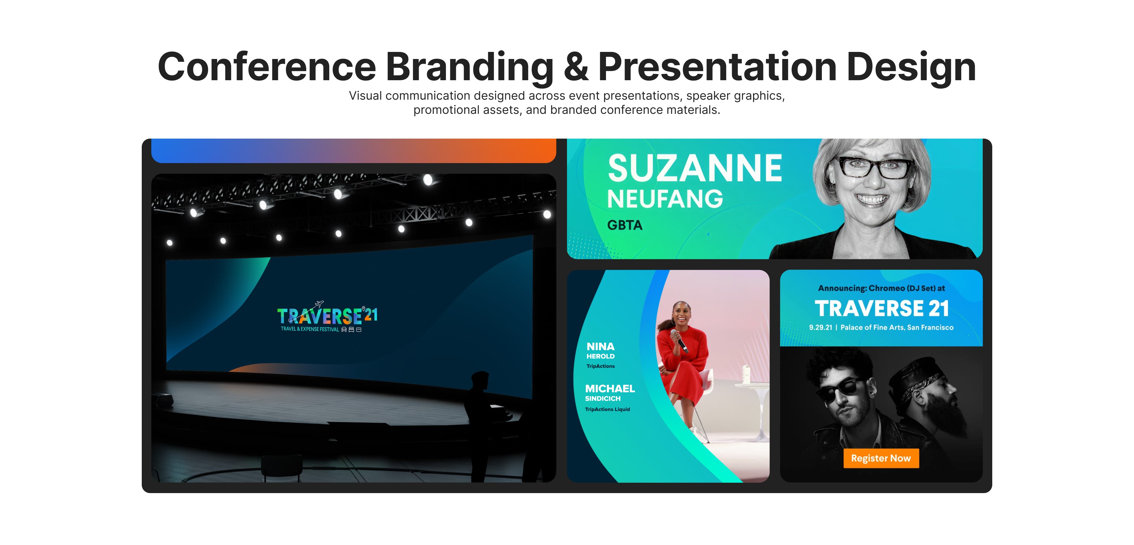 Branded visuals designed to support keynote speakers, session content, and conference programming.